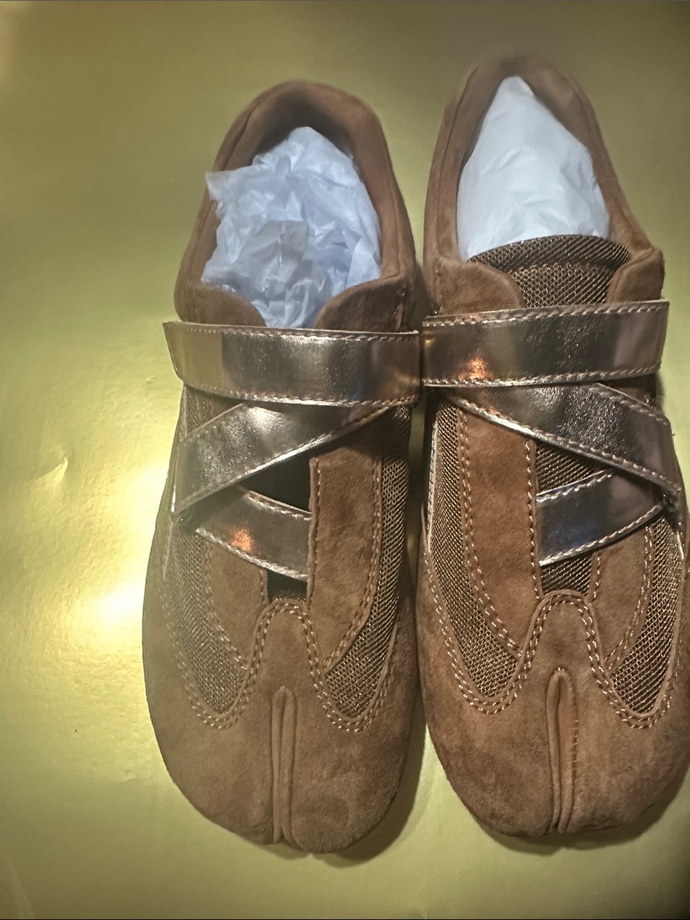 Womens Brown Suede Casual Slip-On Shoes with Metallic Strap